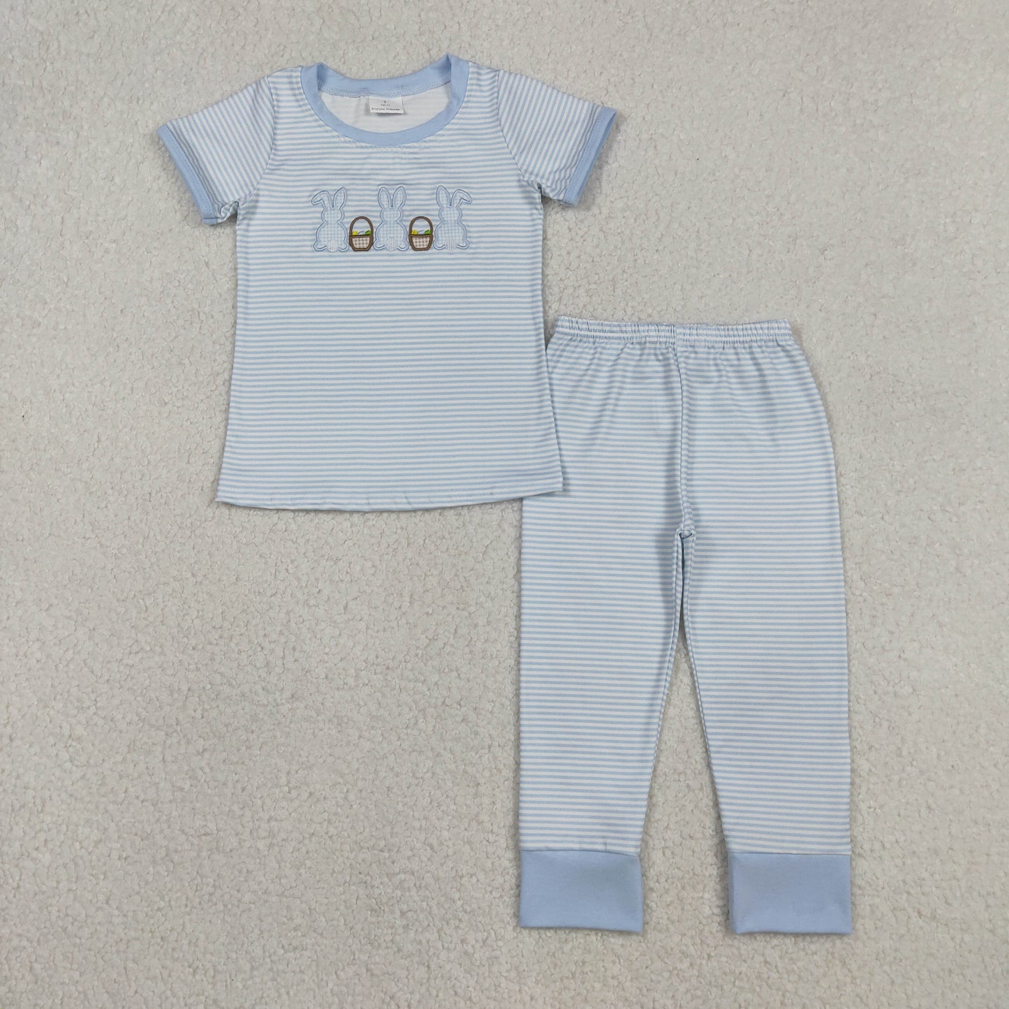 BSPO0610 Baby Boys Embroidery Rabbits Eggs Blue Stripe Top Pants Easter Clothes Sets