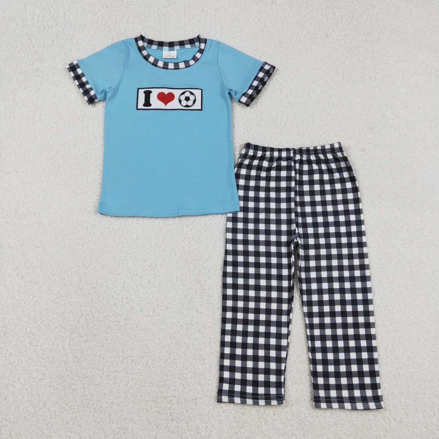 Sibling Baby Boys Embroidery I Love Balls Top Checked Pants Team Clothes Sets