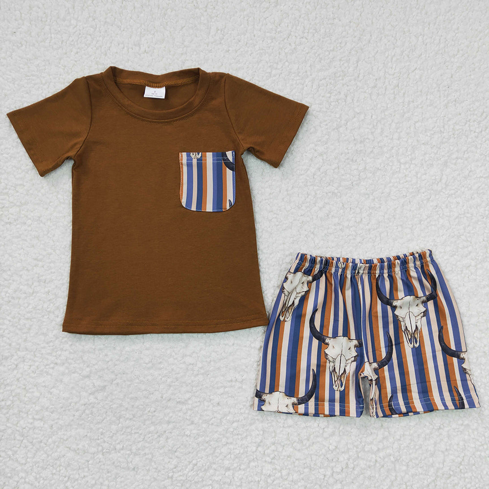 boys brown pocket t-shirts+ stripes cow shorts sets BSSO0149