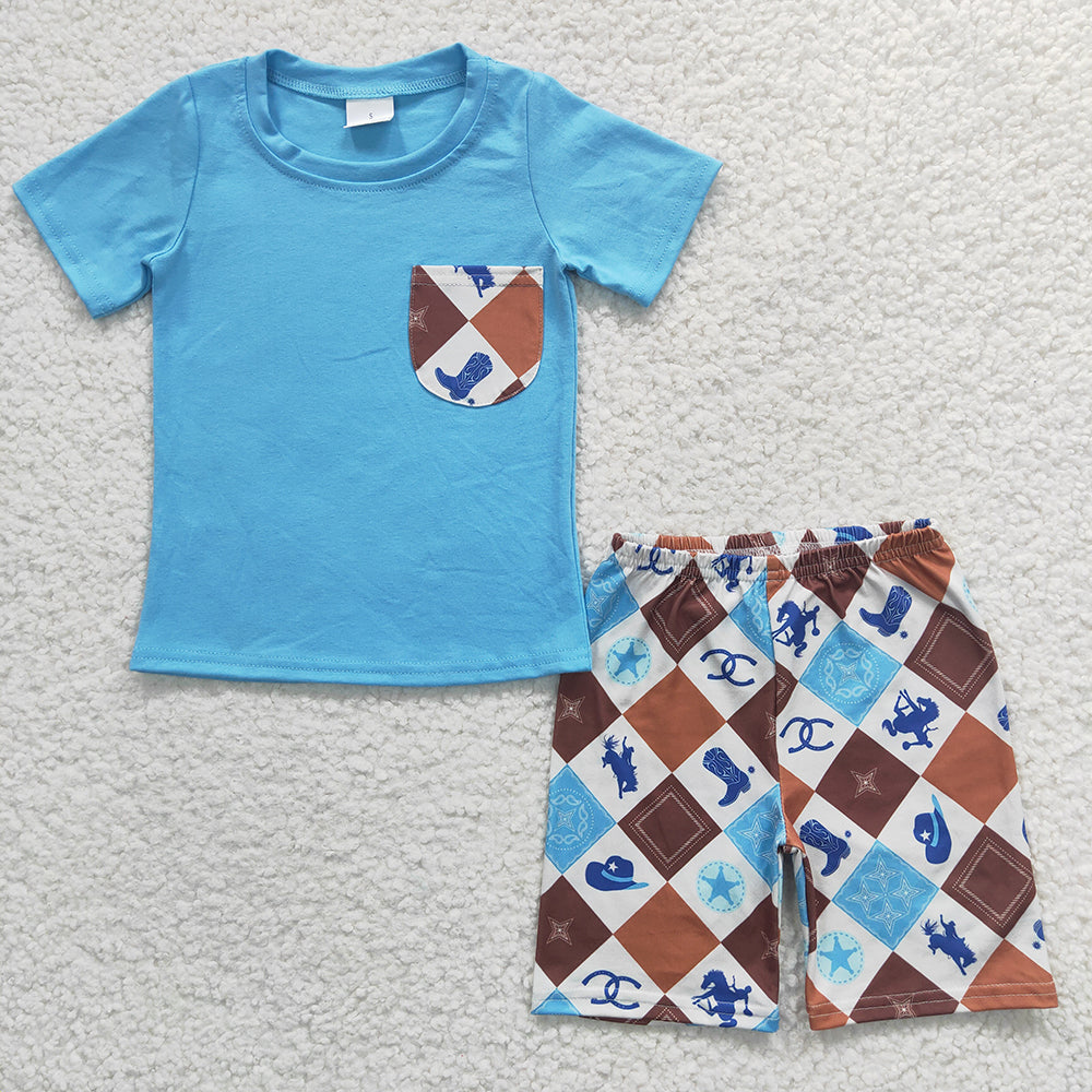 boys blue pocket t-shirts+ boots aztec shorts sets BSSO0150