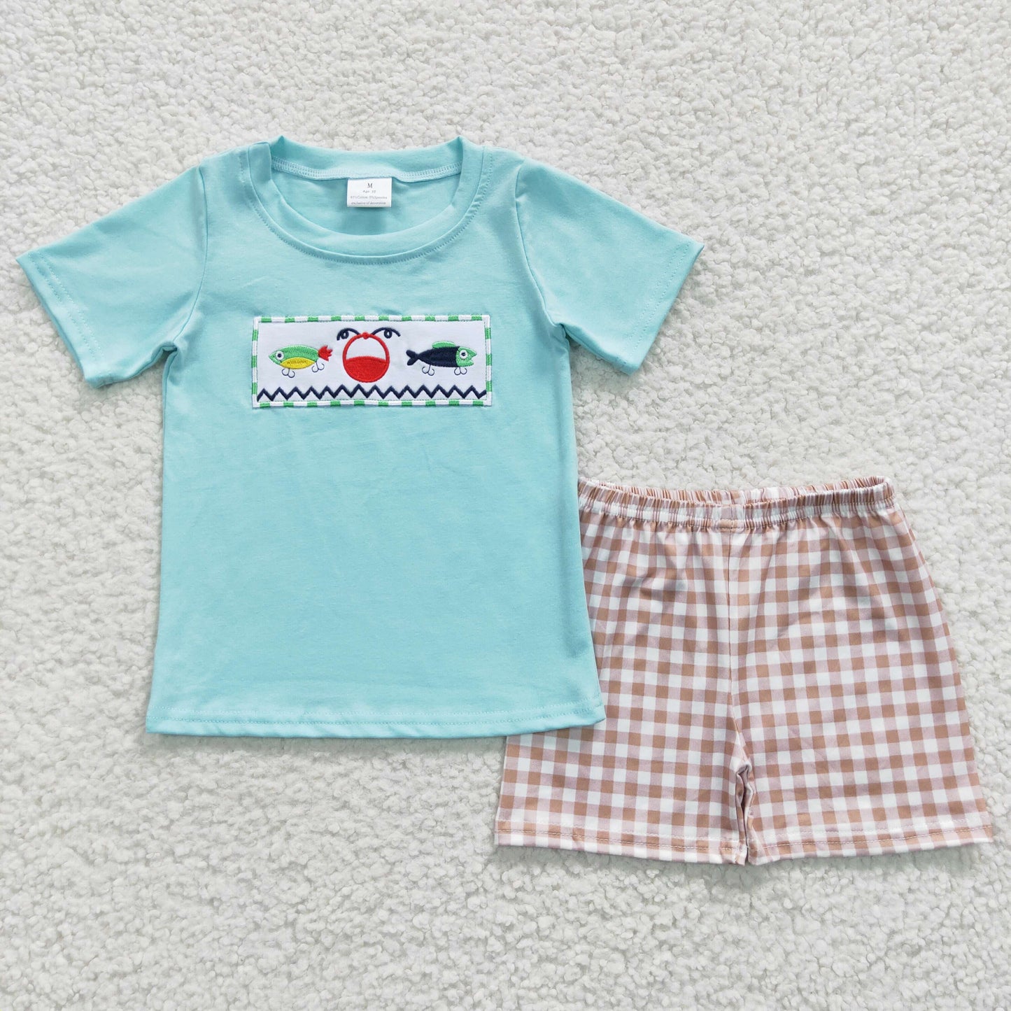 boys fish shark embroidery t-shirts+shorts sets BSSO0262