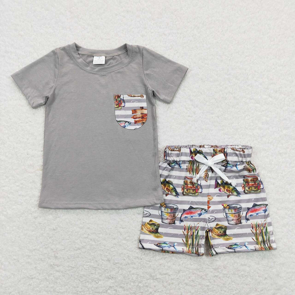 BSSO0481baby boy clothes boy fishing gray summer outfits