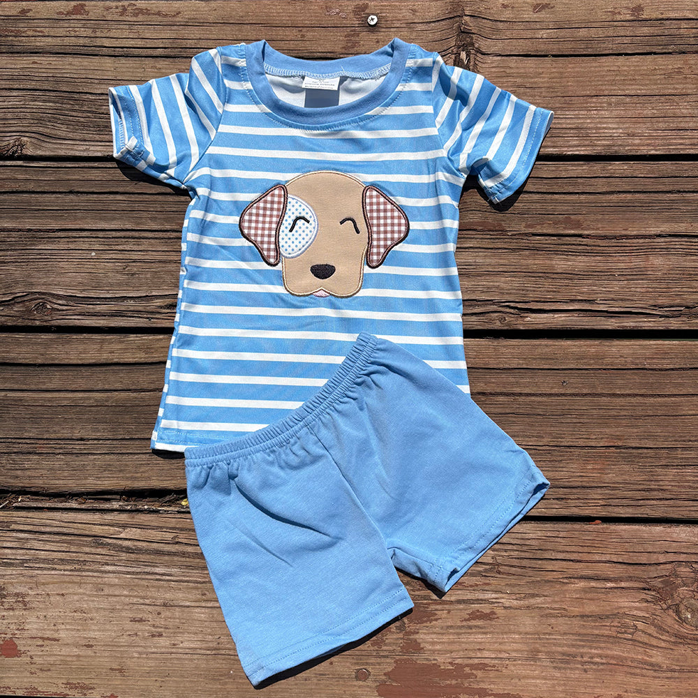 boys blue stripes Dog embroidery t-shirts+shorts sets BSSO0746