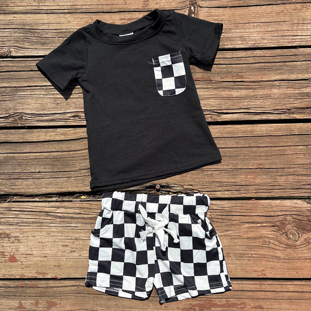 boys black pocket t-shirts+checkered pockets shorts sets BSSO0852