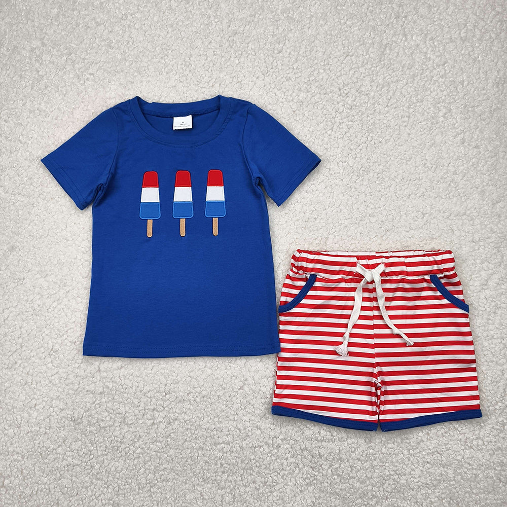 BSSO1250 baby boy blue popstick embroidery shirt stripe summer outfits
