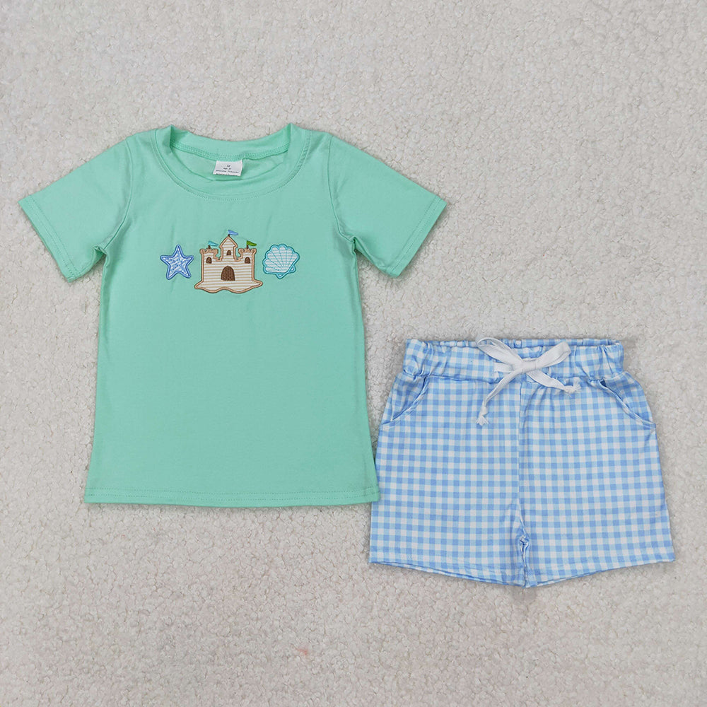 BSSO1266 baby boy green castle embroidery shirt shorts summer outfits