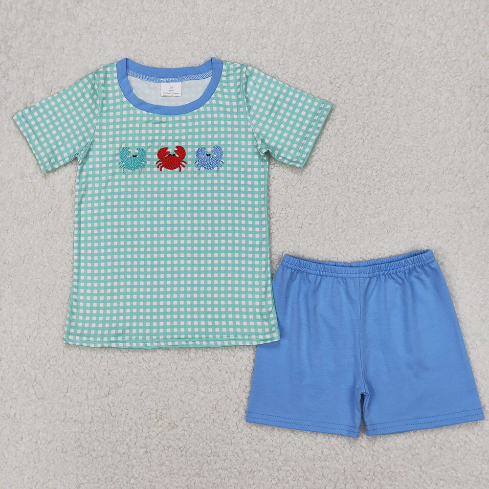 BSSO1279 baby boy checkered crabs embroidery shirt summer outfits