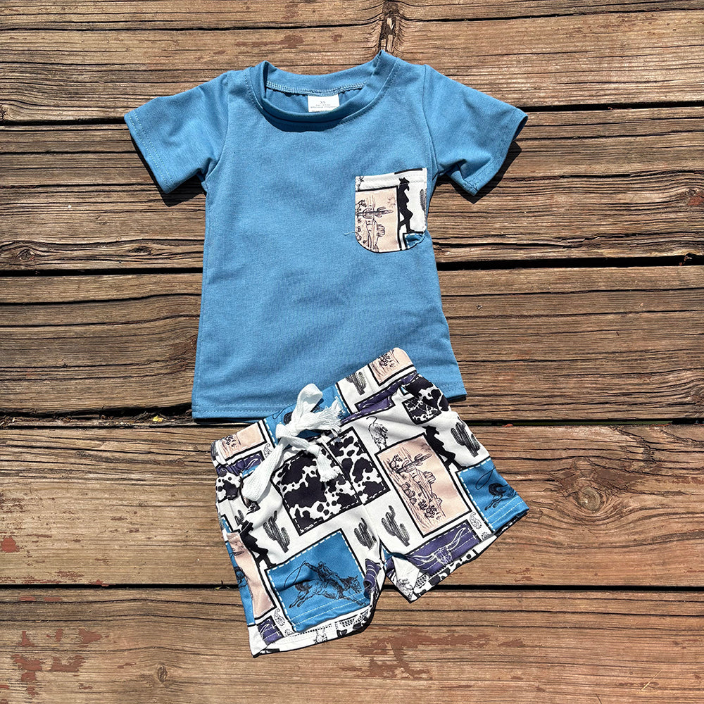 boys western pocket t-shirts+ rodeo pockets shorts sets BSSO1286