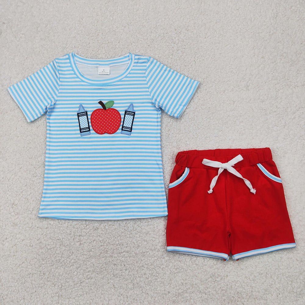 BSSO1328 baby boy clothes back to school crayon apple summer outfits