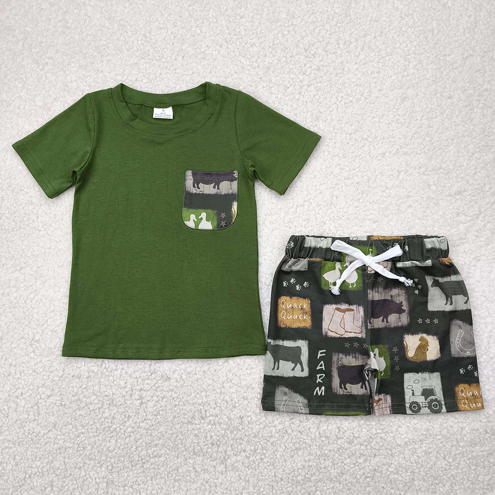BSSO1390 baby boy clothes green pocket top farm shorts summer outfits