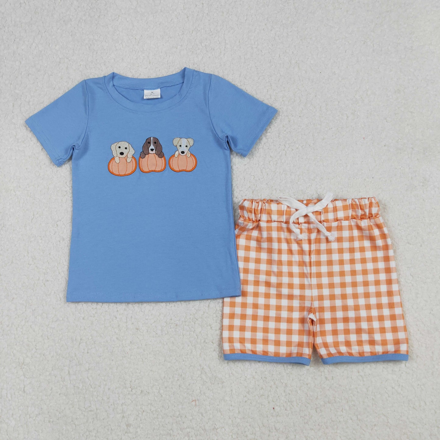 BSSO1546 Baby Boys Embroidery Dogs Pumpkins Top Checked Shorts Fall Clothes Sets