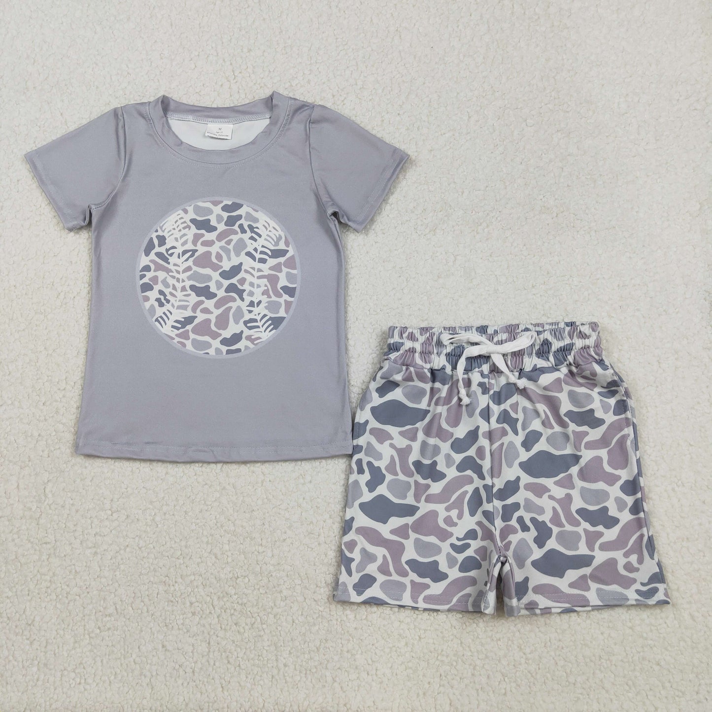 BSSO1598 Baby Boys Light Grey Camo Baseballs Top Pockets Shorts Team Clothes Sets