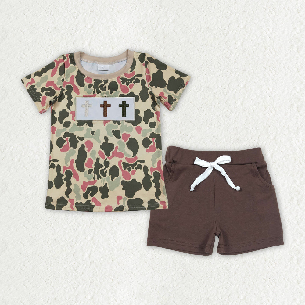 BSSO1780 Baby Boys Embroidery Crosses Camo Top Pockets Shorts Easter Clothes Sets
