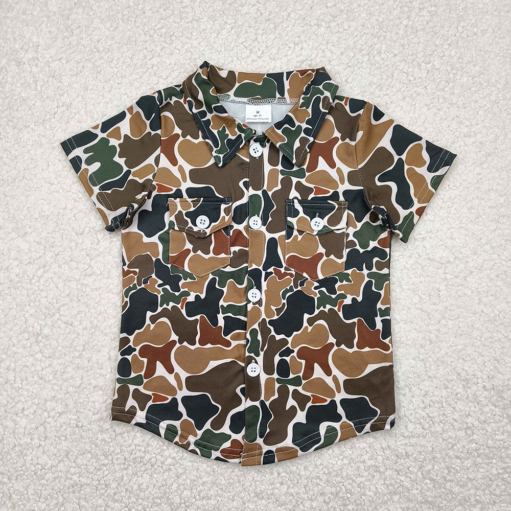 BT1200 baby boys brown camouflage buttons short sleeve summer tshirts
