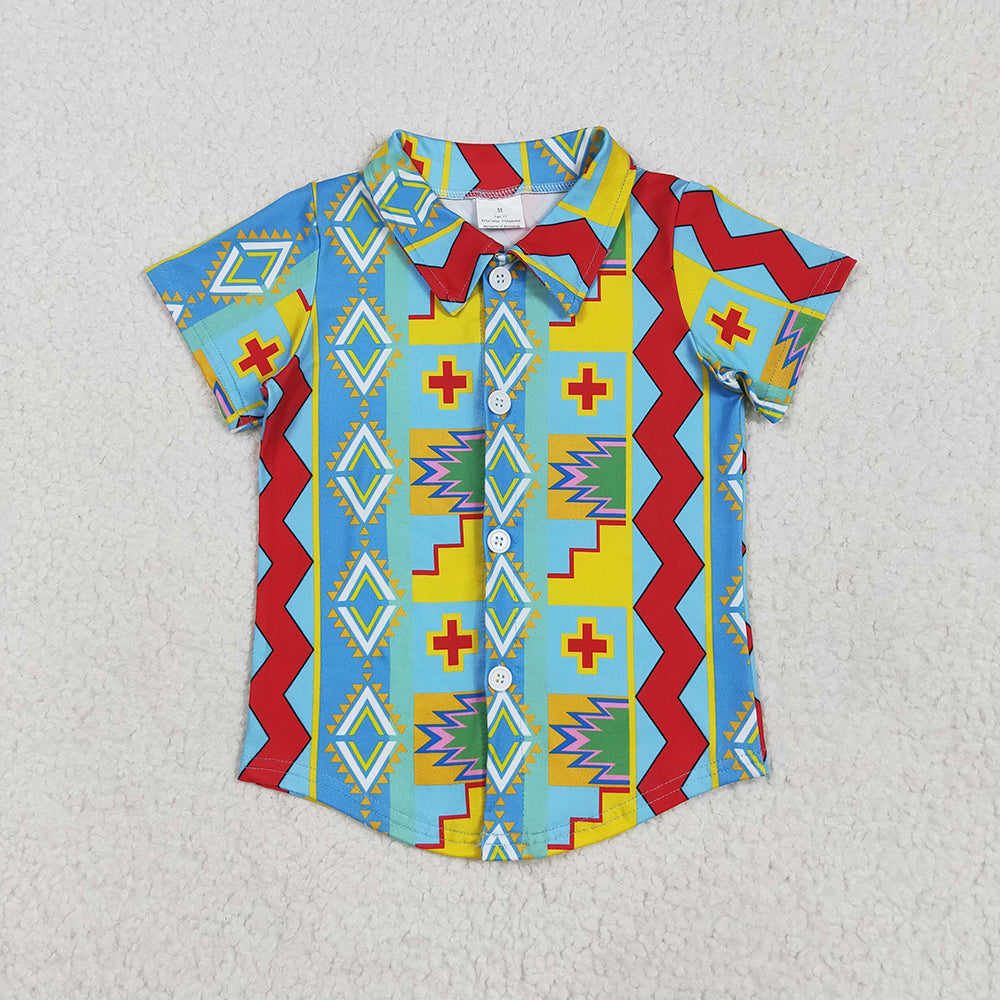 BT1225 baby boys blue aztec buttons short sleeve summer tshirts