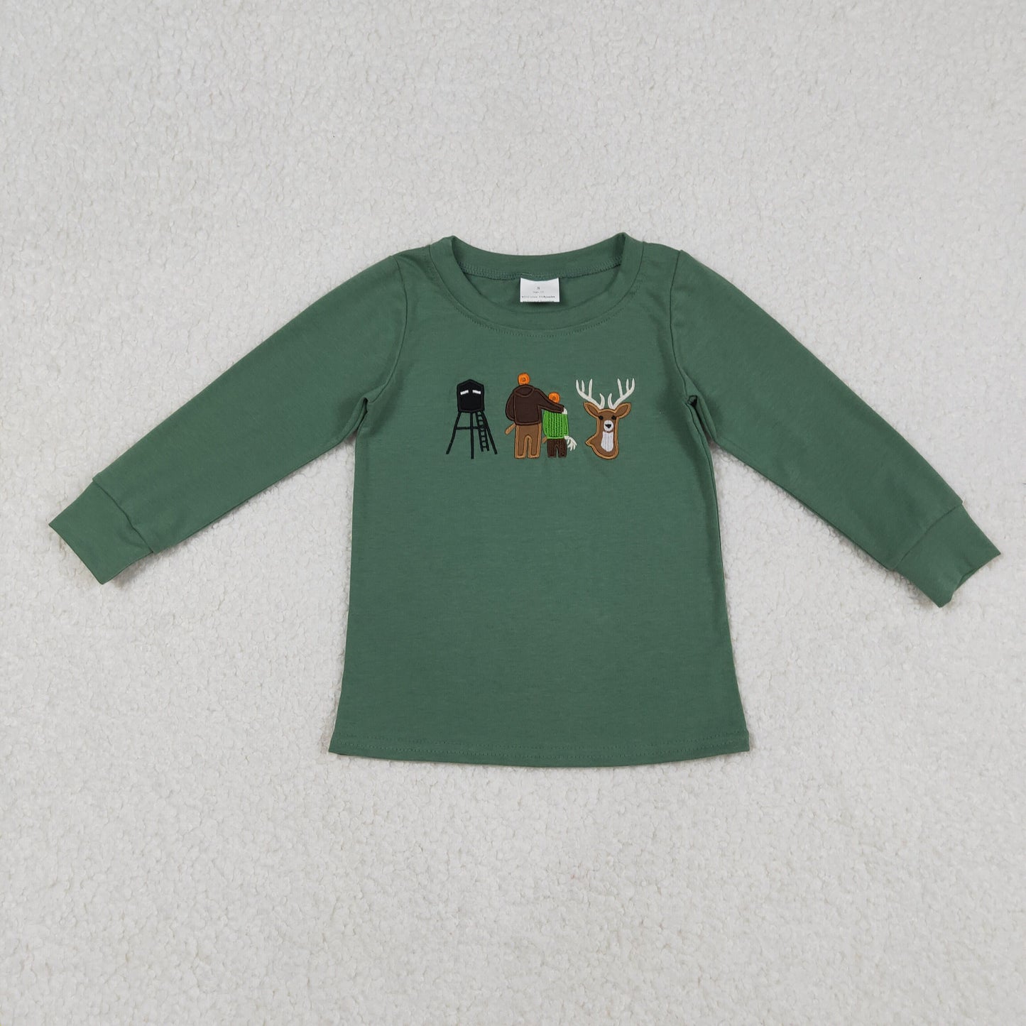 BT1438 Baby Boys Green Long Sleeve Embroidery Deer Hunting Tee Shirts Top