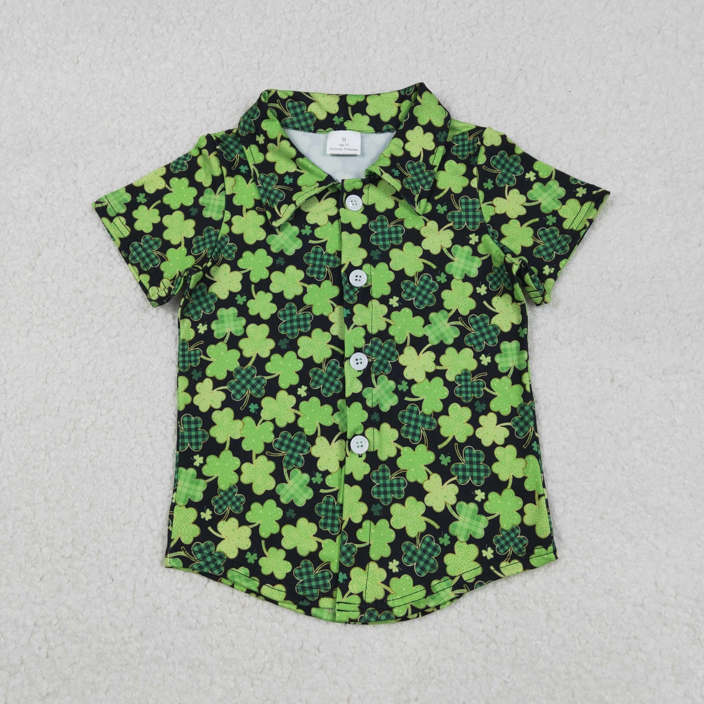 BT1455 Baby Boys Short Sleeve Green Clovers St Patrick Button Shirts Top