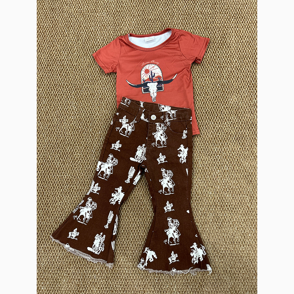 Western Cow Cactus Shirt Rodeo Denim Bell Bottom Jeans Sets