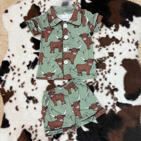 heifer boy western highland cow short sleeve shorts pajamas set