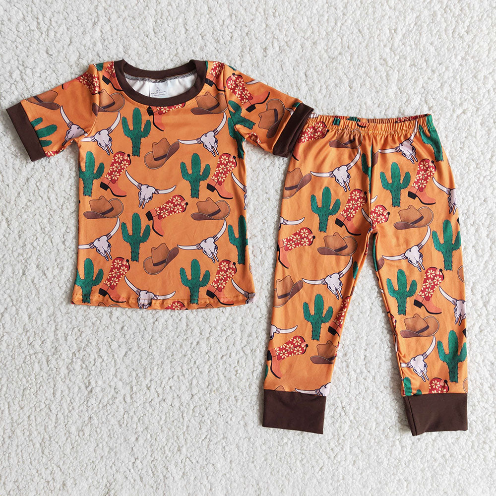 boys orange western cactus pajamas set E8-11