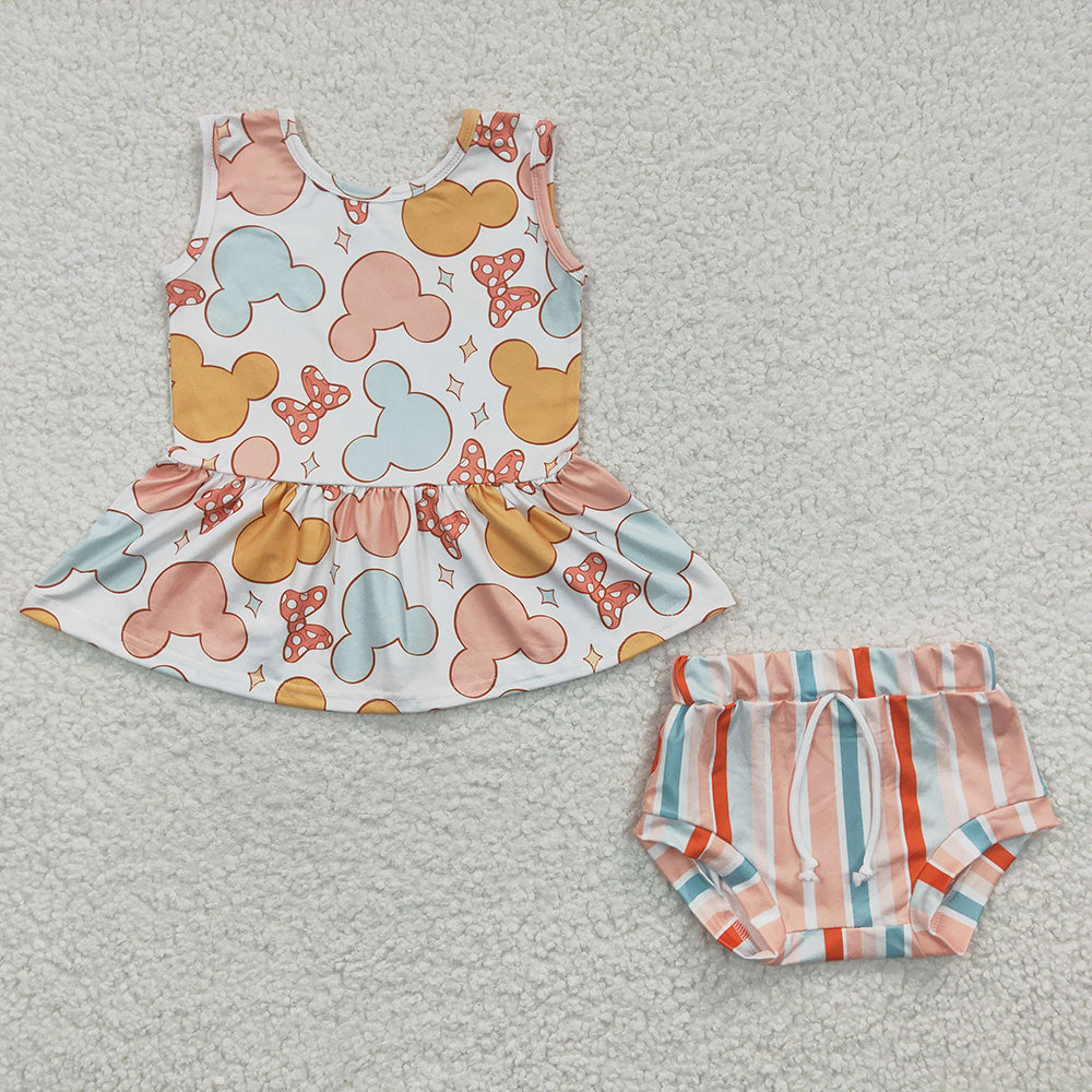 Sibling Baby girls cartoon summer bummie sets