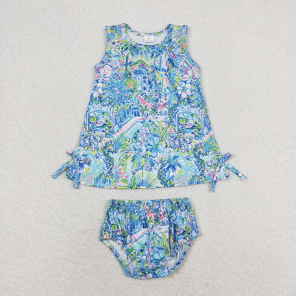 Sibling Baby Girls Flowers Tunic Top Bummies Outfits Sets