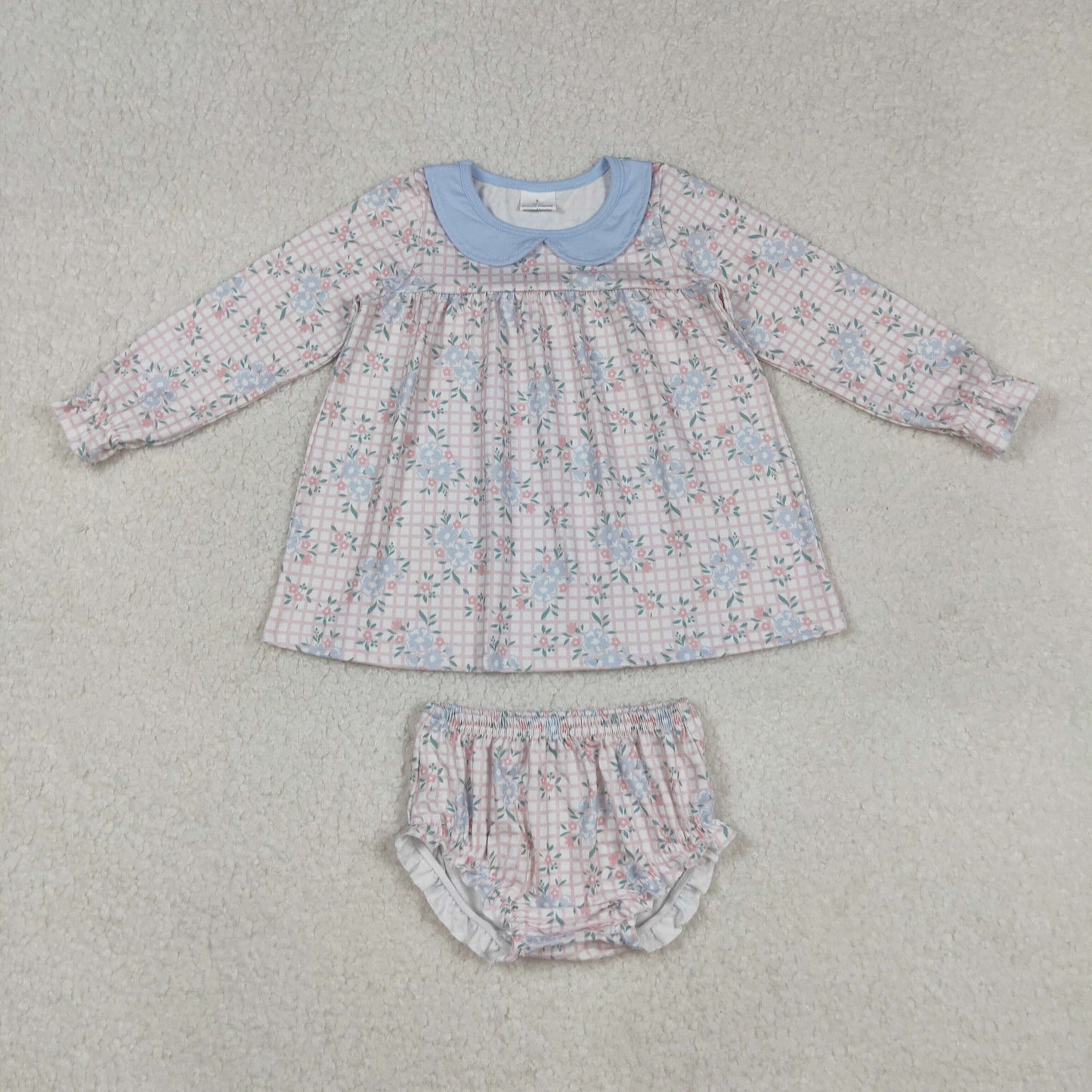 GBO0466 Baby Girls Pink Checked Flowers Collar Tunic Ruffle Bummies Clothes Sets