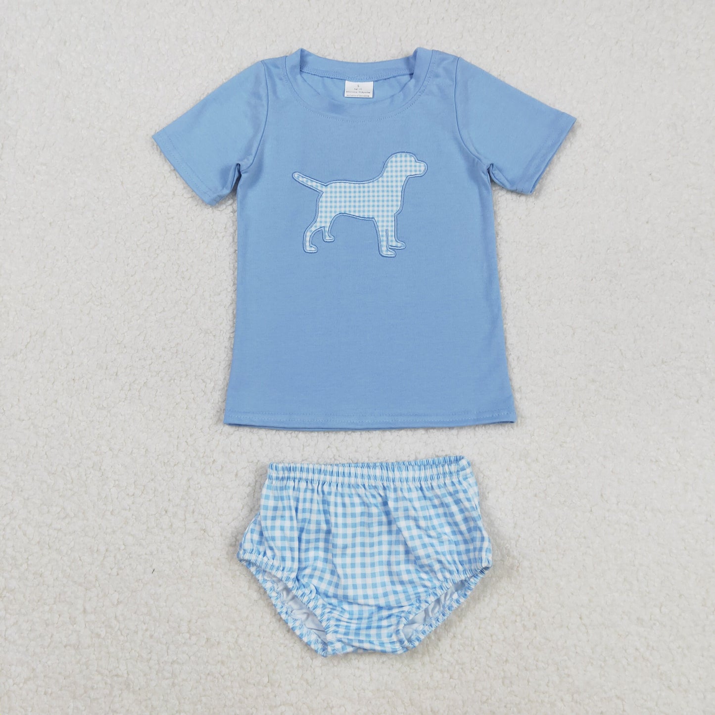 GBO0470 Baby Boys Blue Embroidery Dogs Top Checked Bummies Clothes Sets