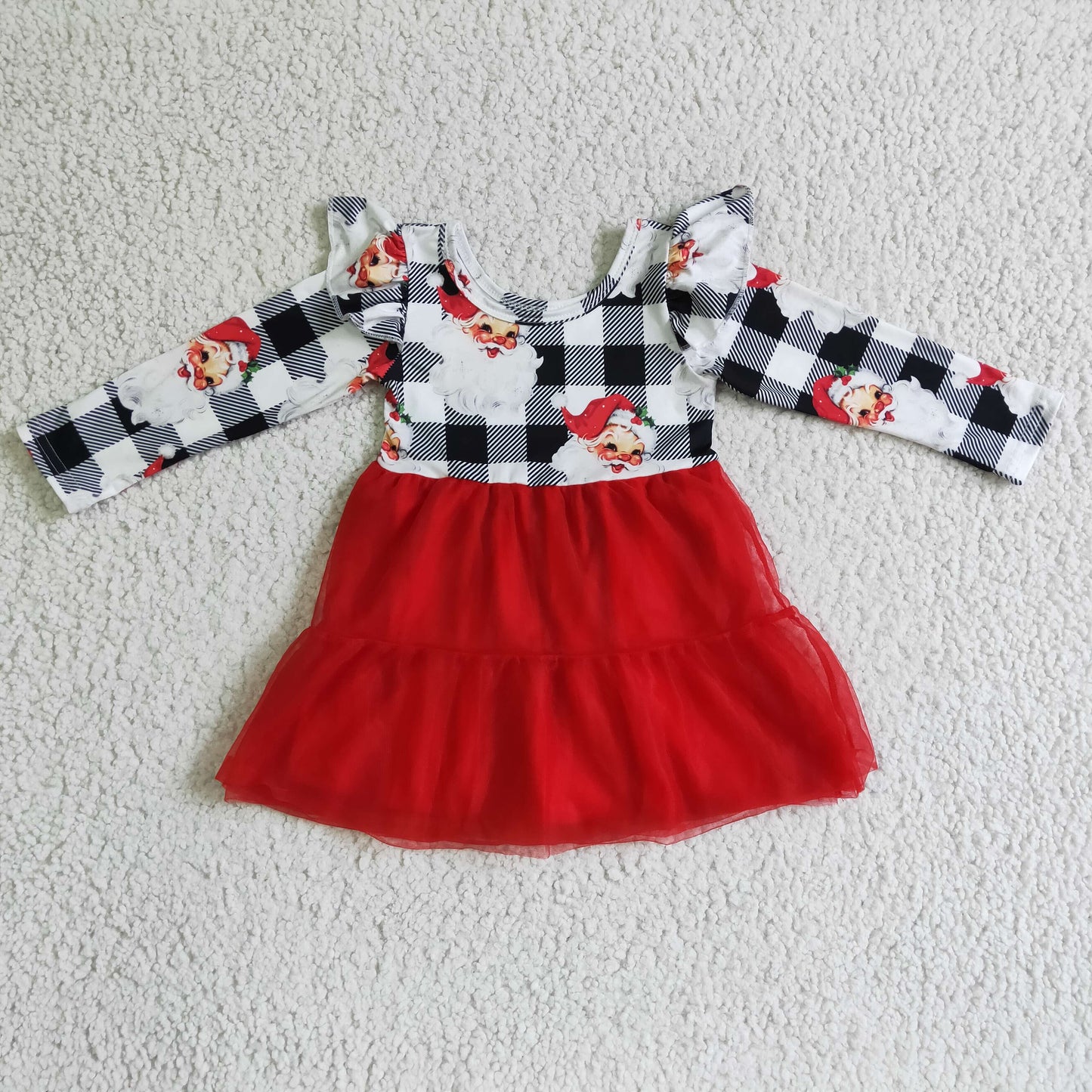 Sibling Baby Girls Santa Candy Cane Plaid Christmas Ruffle Knee Length Dresses