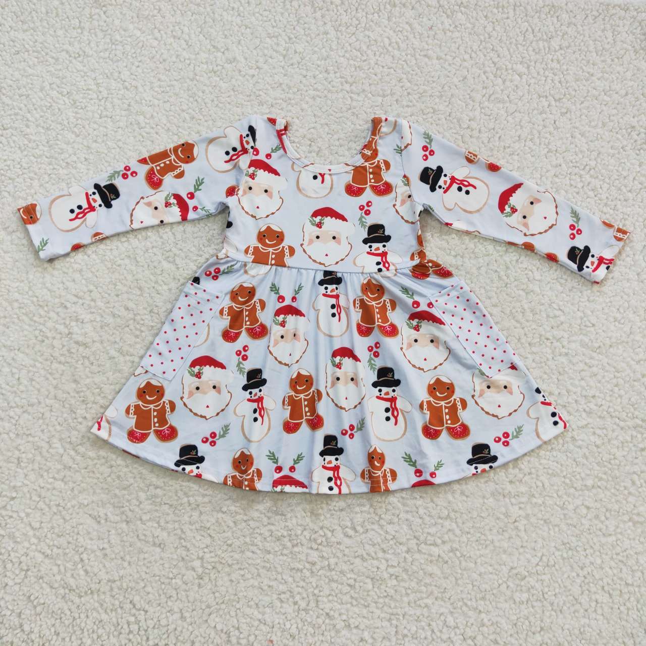 Sibling Baby Girls Santa Gingerbread Candy Cane Pockets Christmas Knee Length Dresses
