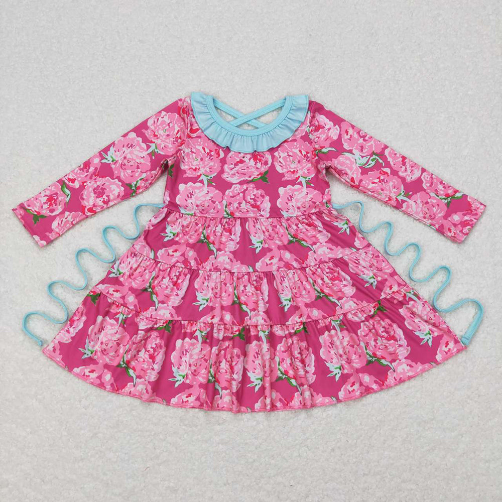 Sibling Baby Girls Bows Flowers Pockets Ruffle Knee Length Dresses With Belt