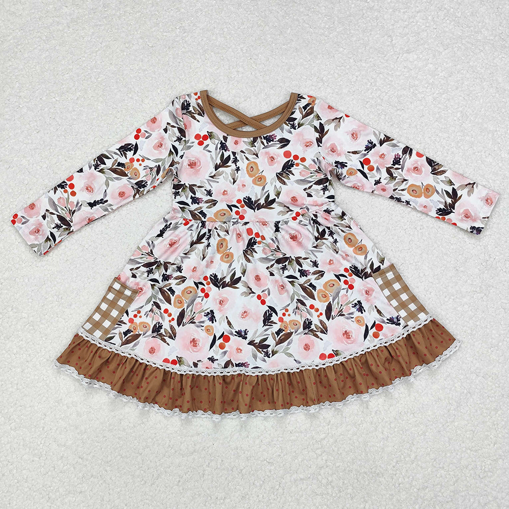 Sibling Baby Girls Bows Flowers Pockets Ruffle Knee Length Dresses With Belt
