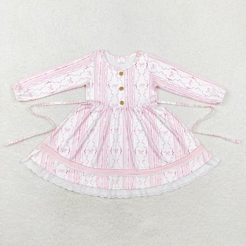 Sibling Baby Girls Bows Flowers Pockets Ruffle Knee Length Dresses With Belt