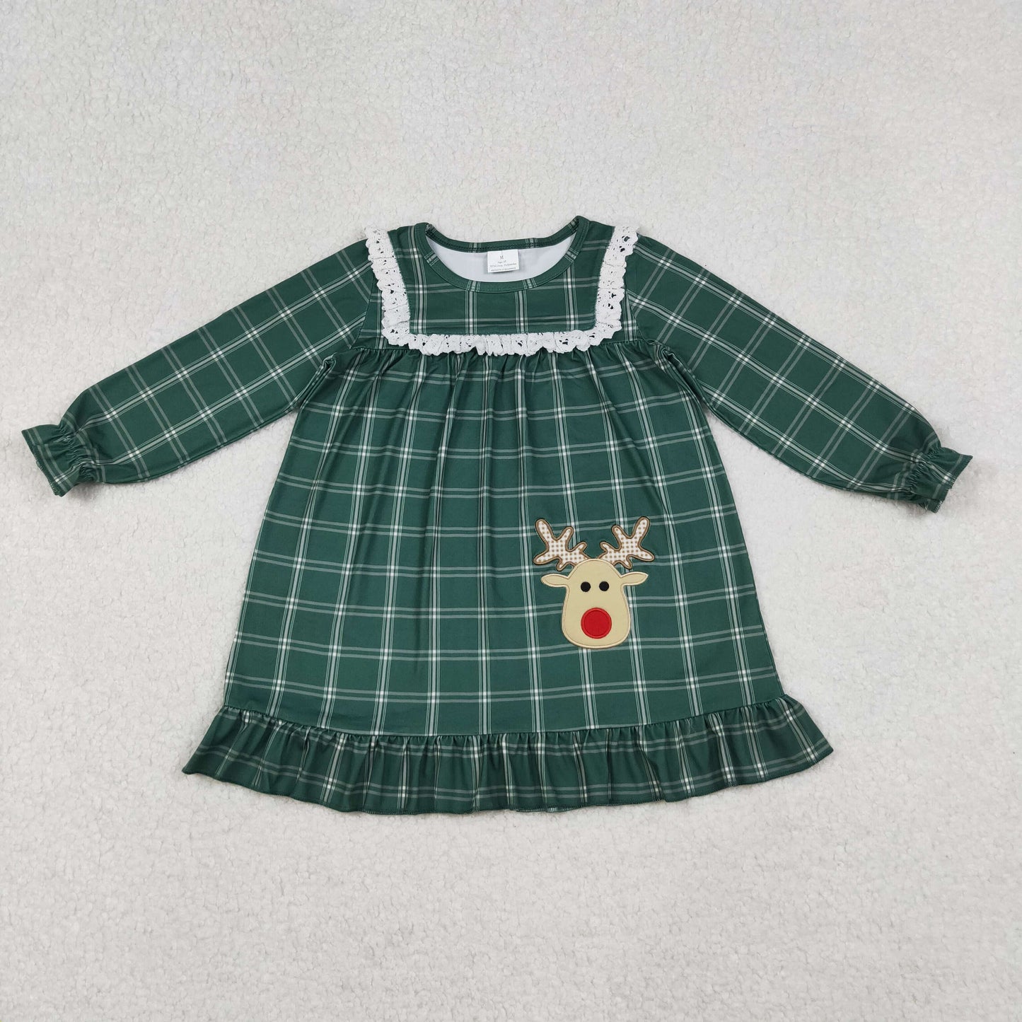 GLD0561 Baby Girls Green Checked Embroidery Deer Christmas Ruffle Knee Length Dresses