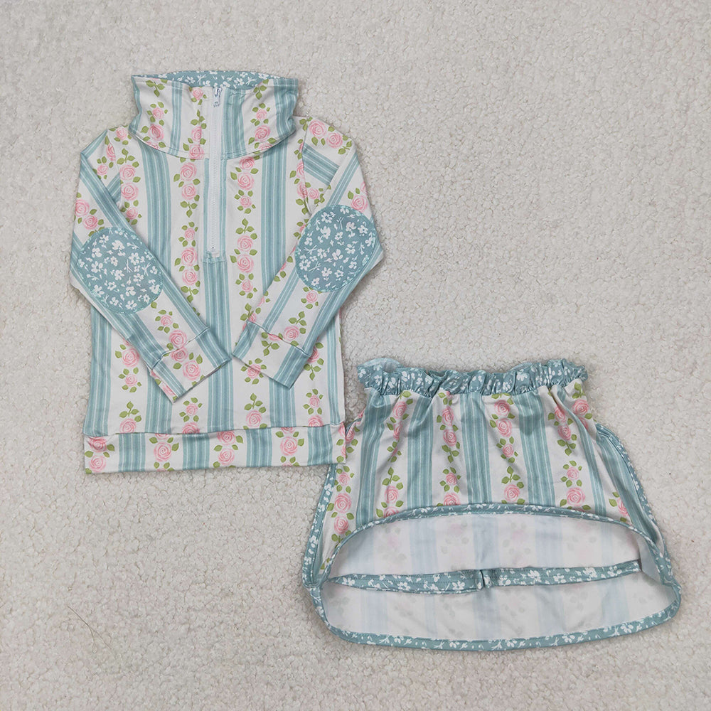 GLD1001 baby girls blue stripes flowers pullover top skorts sports sets