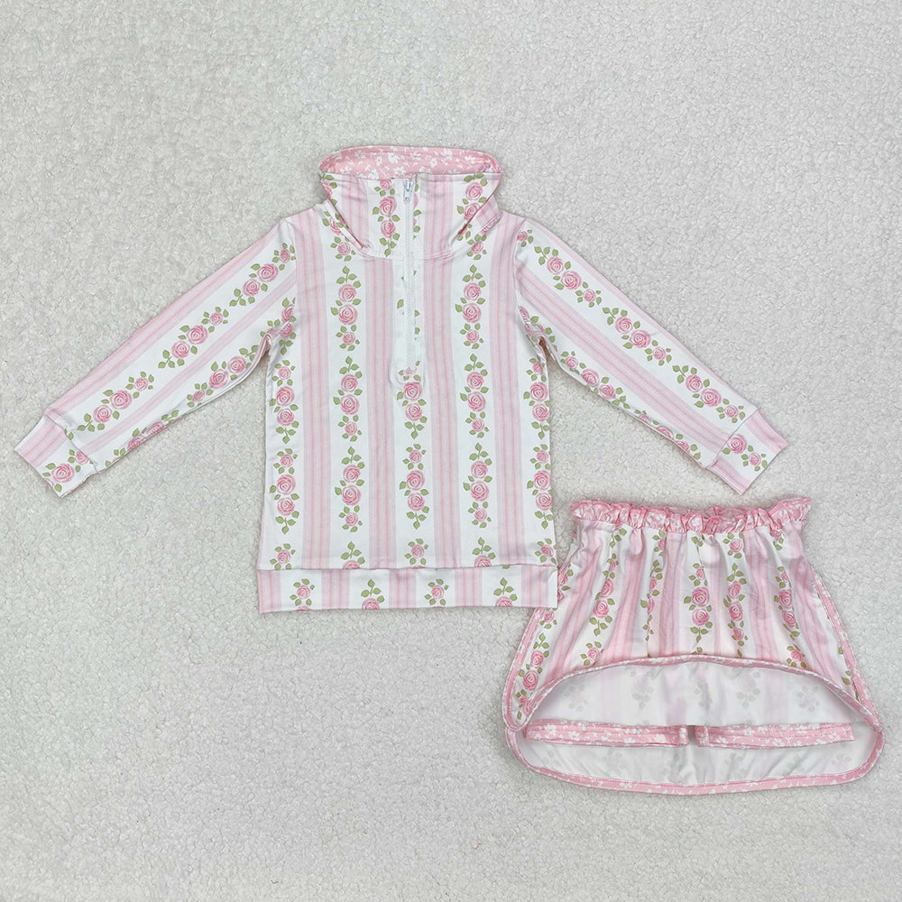 GLD1002 baby girls pink stripes flowers pullover top skorts sports sets