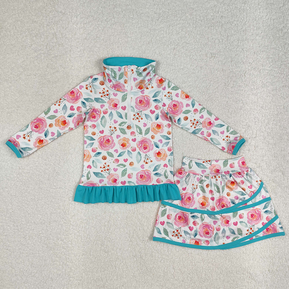 GLD1009 baby girls blue pink flowers pullover top skorts sports sets