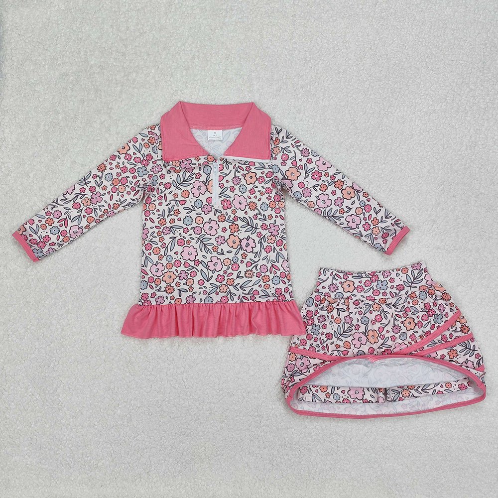 GLD1011 baby girls pink flowers pullover top skorts sports sets