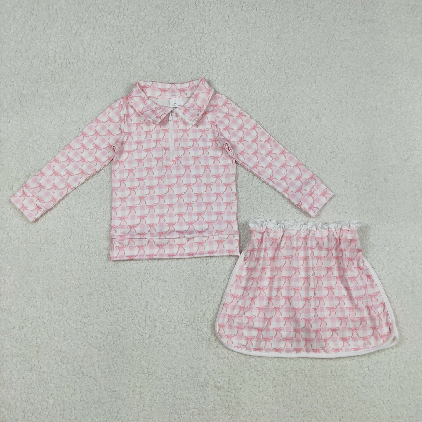 GLD1014 Baby Girls Pink Bows Checked Zipper Pullovetrs Skirt Shorts Clothes Sets