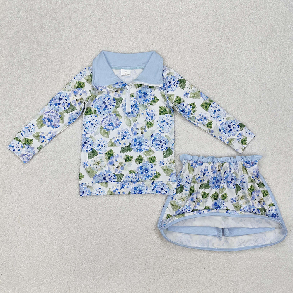 GLD1016 baby girls blue flowers pullover top skorts sports sets