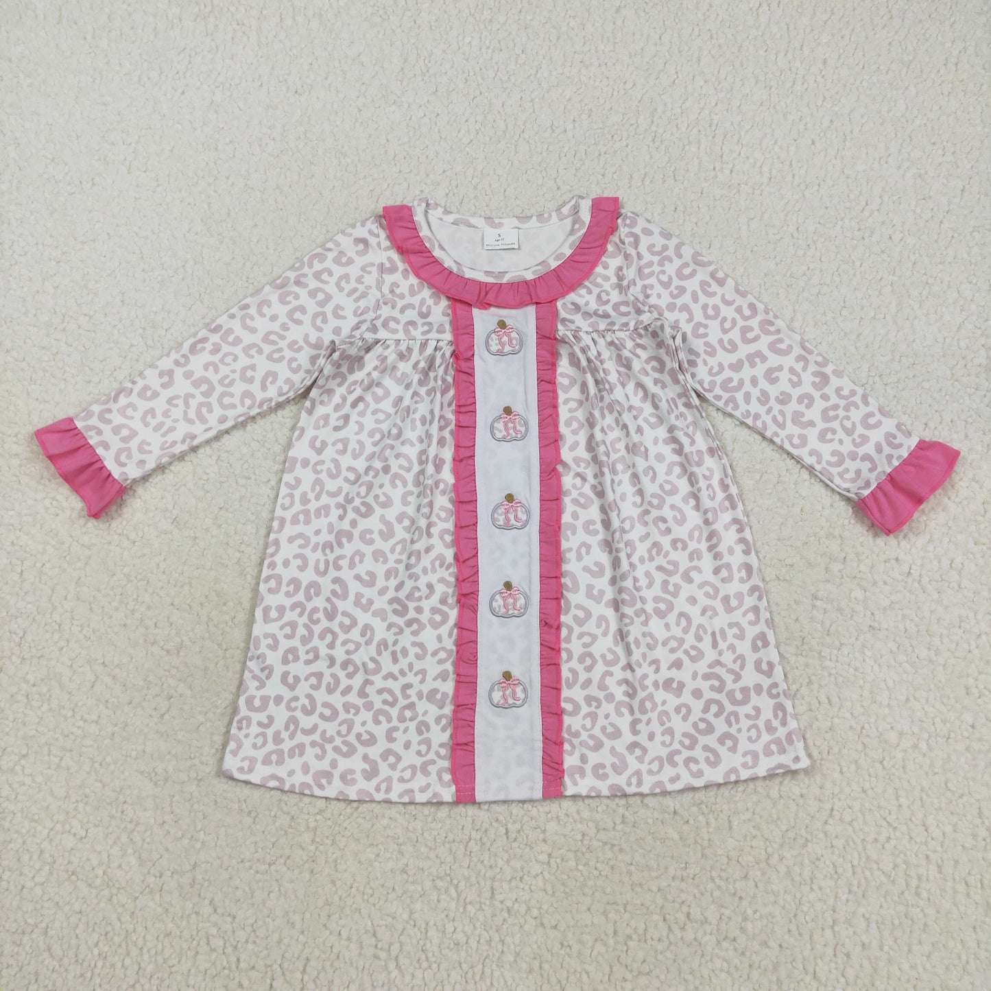 GLD1054 Baby Girls Pink Leopard Embroidery Bows Pumpkins Fall Knee Length Dresses