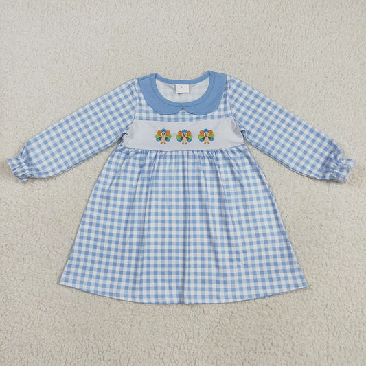 GLD1070 Thanksgiving Blue Checkered Turkey Baby Girls Embroidery Dresses