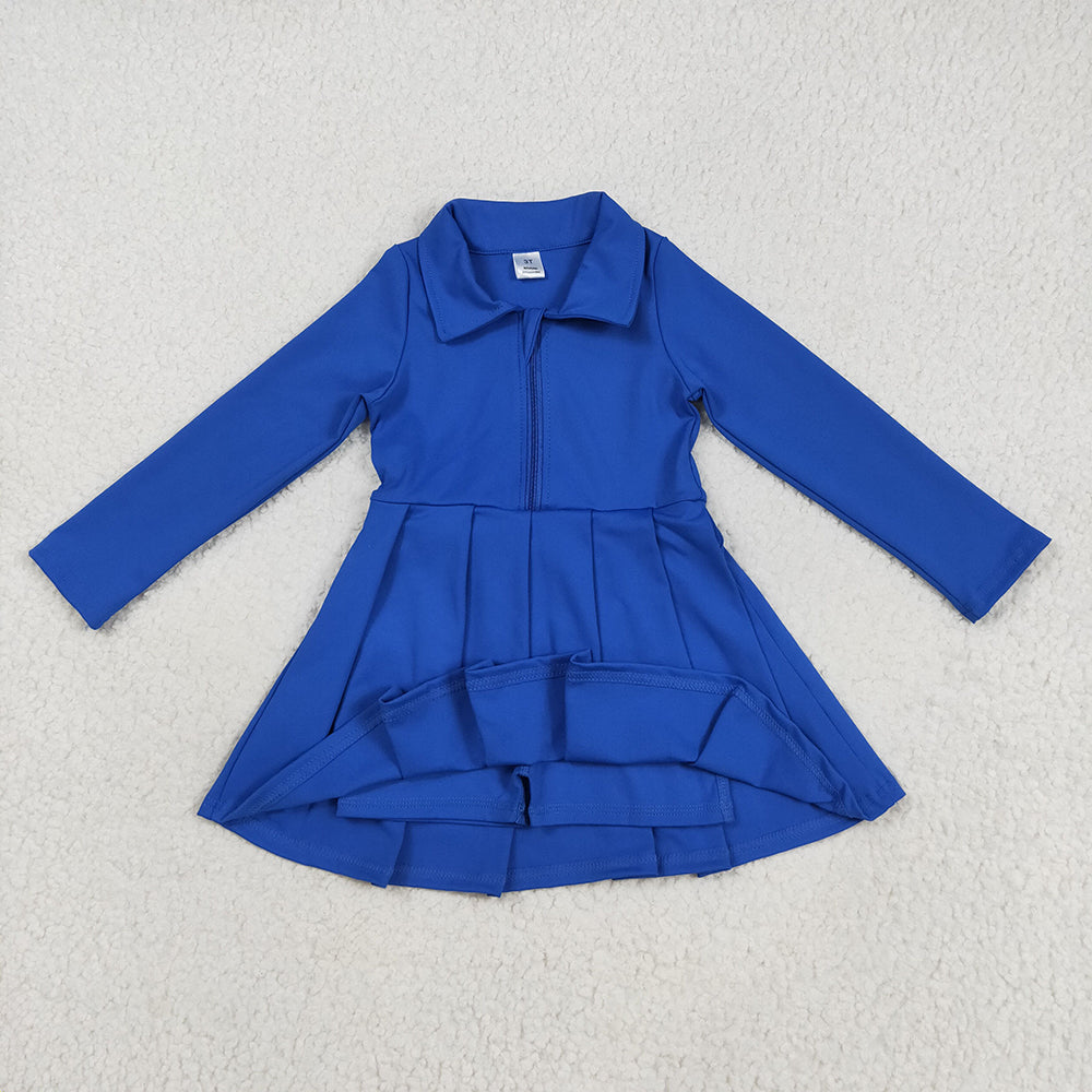 GLD1144 toddler girl clothes Blue Long Sleeve Zip athletic yoga Pleated dresses