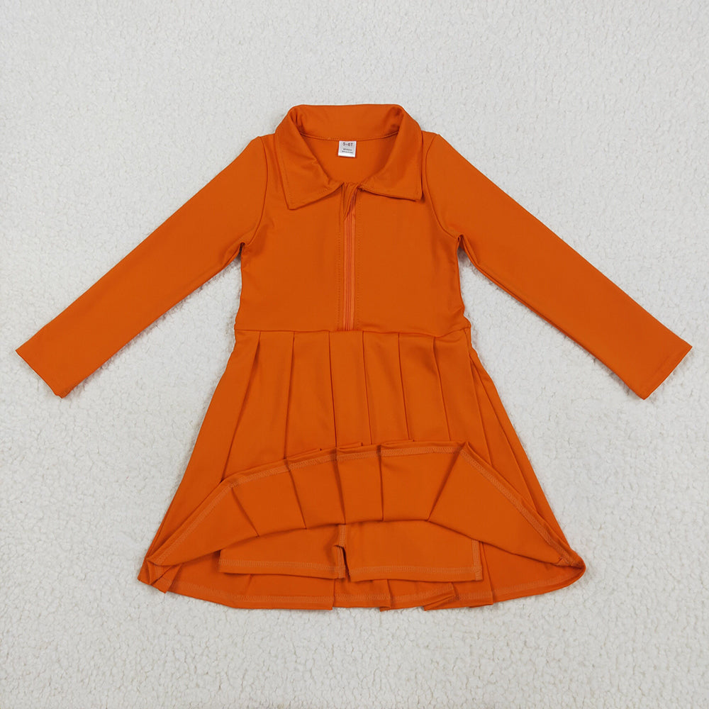 GLD1149 toddler girl clothes Orange Long Sleeve Zip athletic yoga Pleated dresses