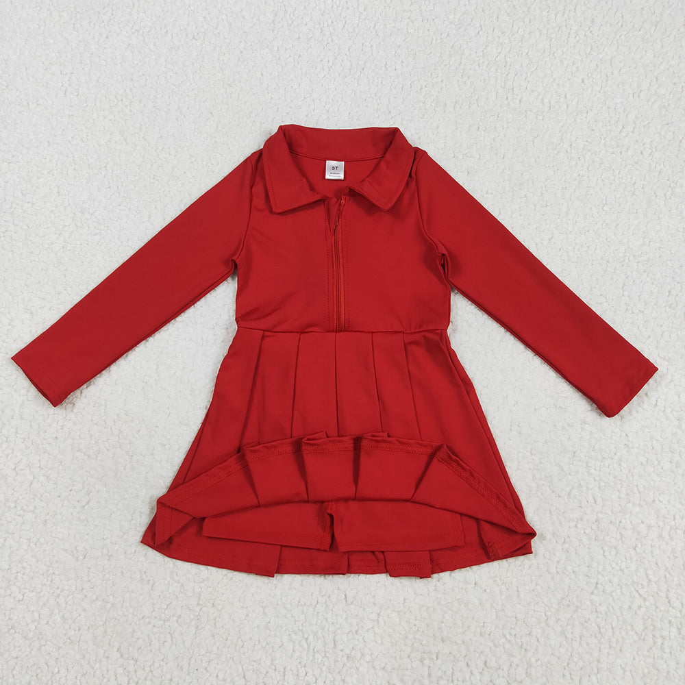 GLD1153 toddler girl clothes red Long Sleeve Zip athletic yoga Pleated dresses