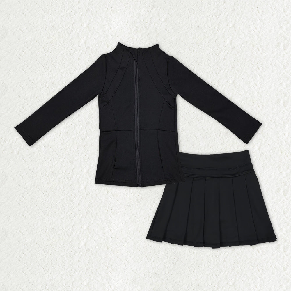 GLD1193 Baby Girls Black Zipper Pocket Jacket Pleated Skirt Shorts Yoga Active Clothes Sets