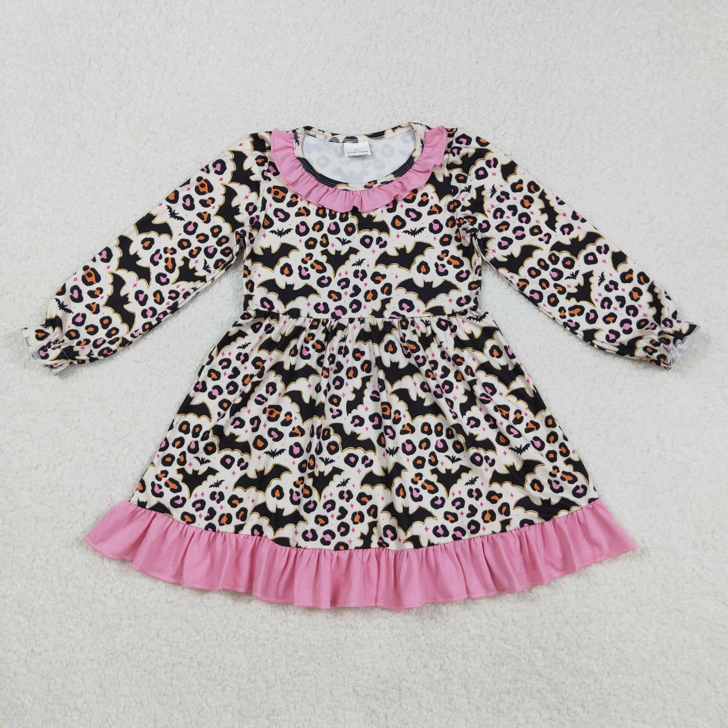 GLD1224 Baby Girls Black Bats Leopard Halloween Ruffle Sleeve Knee Length Dresses