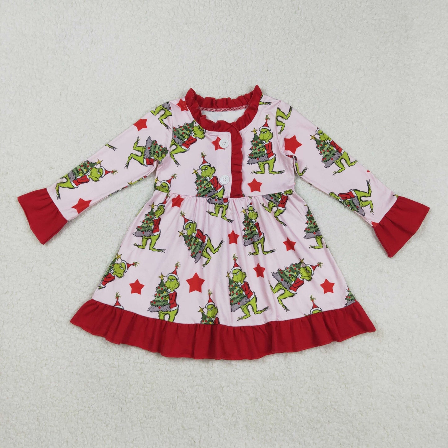 GLD1236 Baby Girls Stars Trees Grin Ruffle Sleeve Christmas Knee Length Dresses