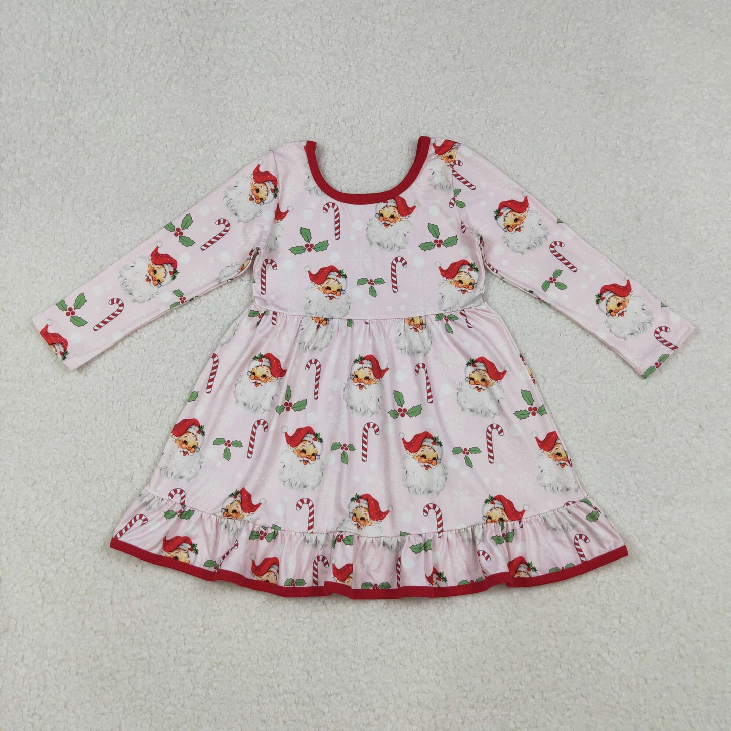 GLD1251 Baby Girls Santa Candy Cane Holly Christmas Ruffle Knee Length Dresses