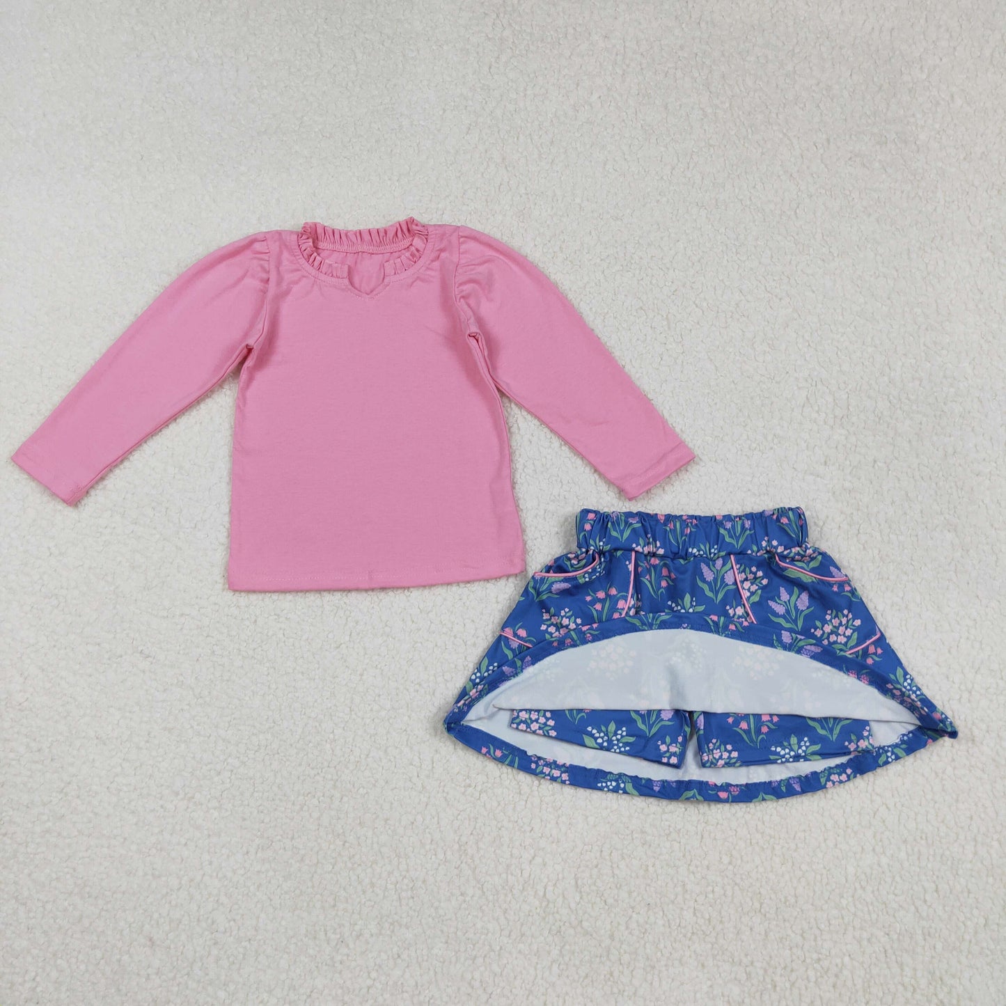 GLD1256 Baby Girls Pink Long Sleeve Shirt Top Flowers Pockets Skirt Shorts Clothes Sets